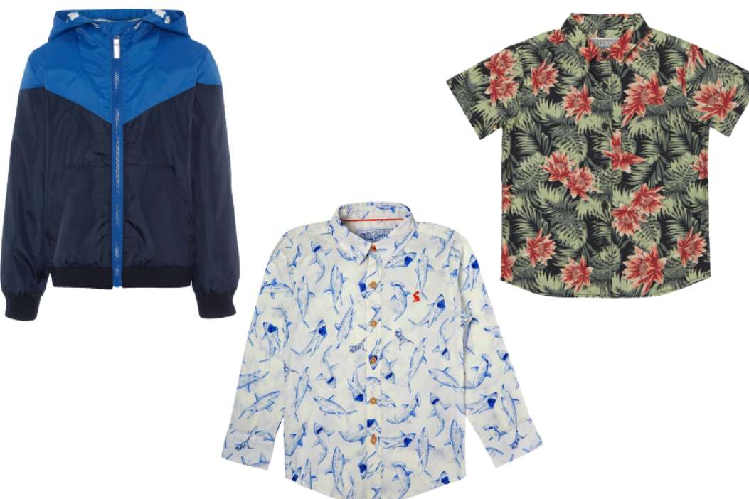 Left, Howick Junior Boys hooded showerproof jacket, from £40, House of Fraser. Centre, Joules shark print shirt, from £27.95 also at House of Fraser. Right, multicoloured tropical print shirt, from £7, Tu at Sainsbury's.