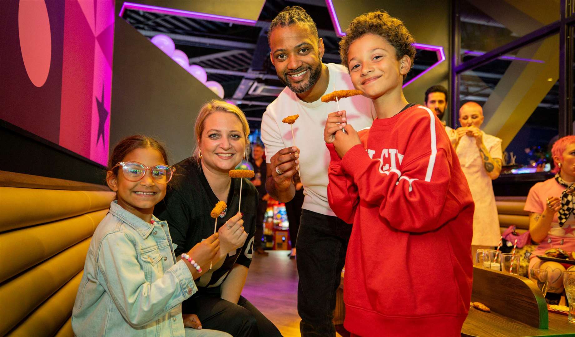 JLS and Strictly Come Dancing star JB Gill opened Kent’s newest Hollywood Bowl location with his wife, Chloe Gill, and children Ace Gill and Chiara Gill. Picture: Hollywood Bowl