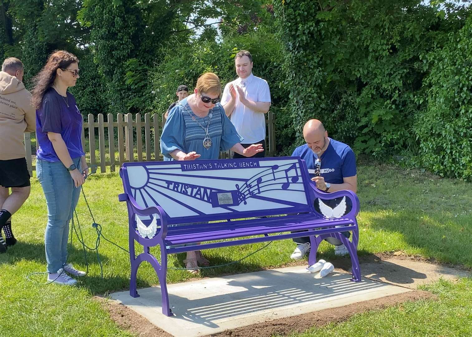 Deputy Mayor of Gravesham Cllr Jenny Wallace, Tristan’s mum Gemma Cayley-Smith, stepfather Shayne McCosh, and father Gavin Taylor unveiled the bench. Picture: Peter Scutts