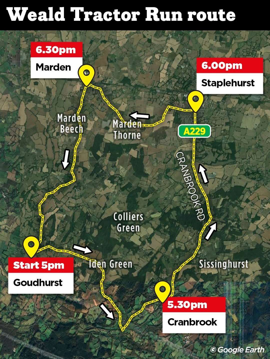 The route for this year’s Weald Light It Up Tractor Run