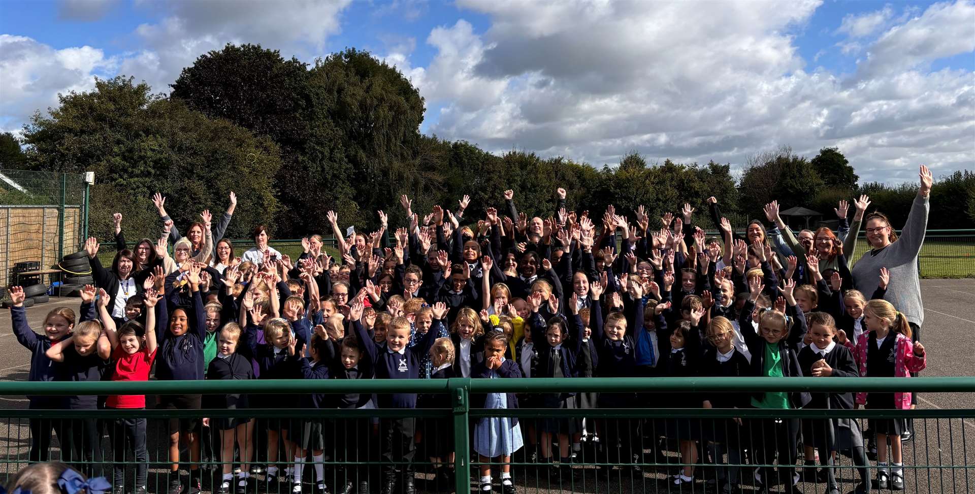 Pupils and staff from Rodmersham Primary School celebrate their 'outstanding' Ofsted report. Picture: Rodmersham Primary School