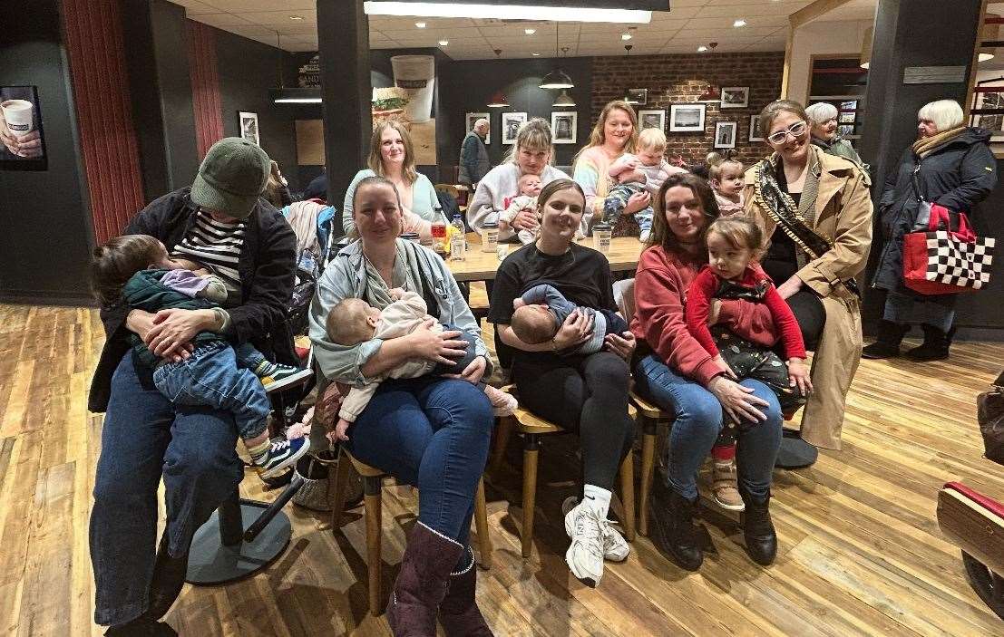 Rebecca Reeve, third from the left, and other breastfeeding mothers at Greggs in Westwood Cross, Broadstairs. Picture: Rebecca Reeve