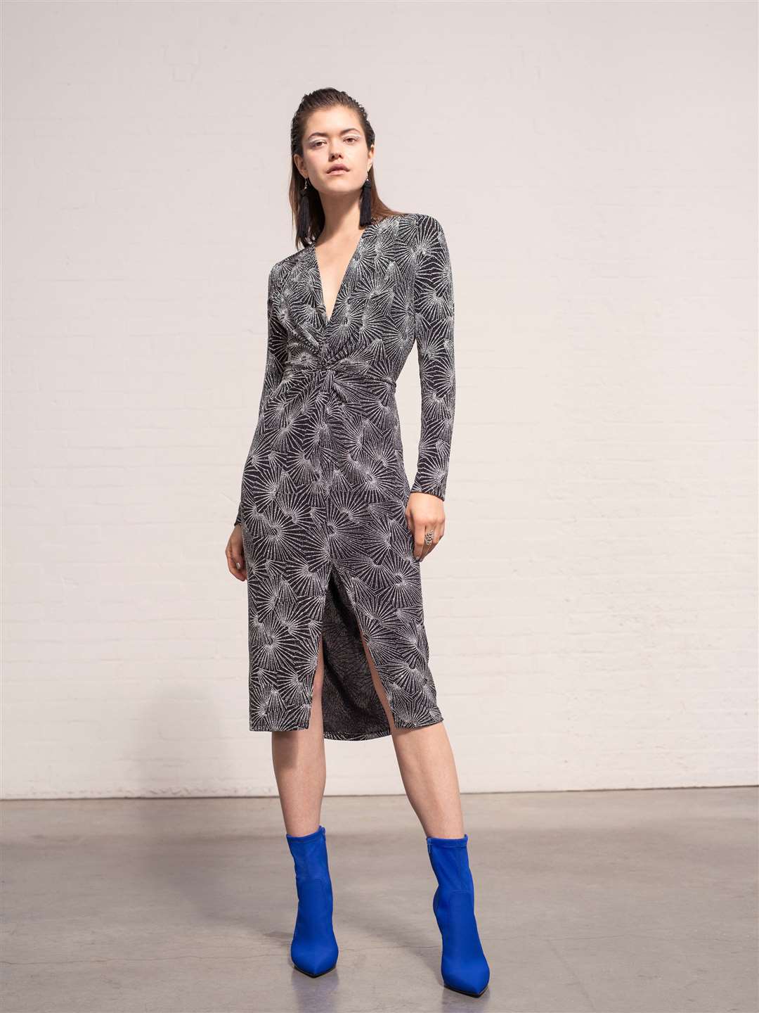 Miss Selfridge Silver Long Sleeve Twisted Pencil Dress, £39; Dayla Stretch Sock Boots, £42