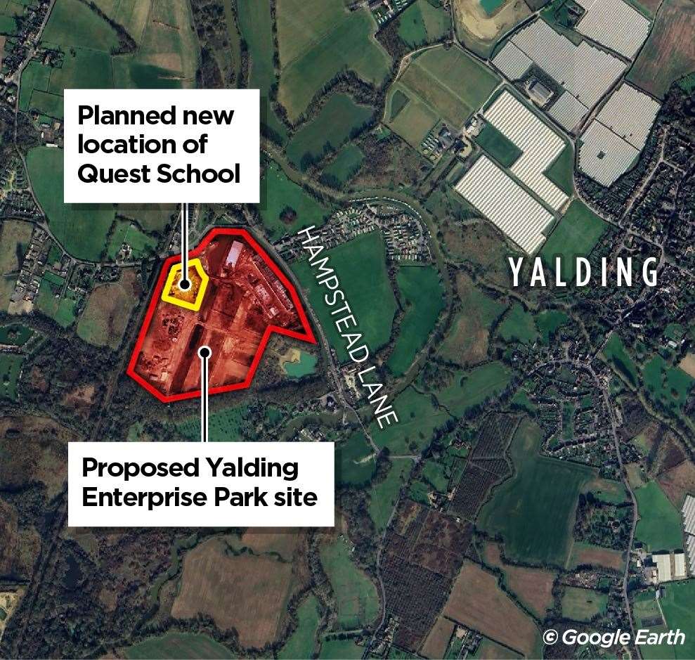 The yellow area indicates the proposed new Quest School and its relation with the wider red-outlined Yalding Enterprise Park