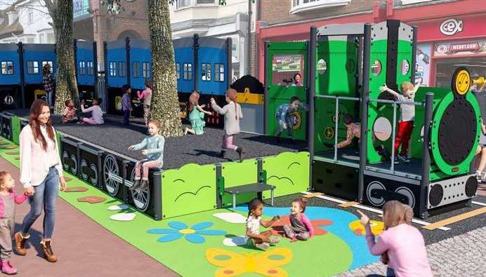 Children will be able to climb on vibrantly coloured carriages, an engine and platform. Picture: Kompan