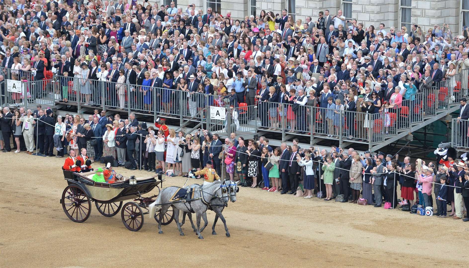 Queen Elizabeth II arriving by carriage during her 90th birthday celebrations. Photo credit should read: MOD/PA Wire.