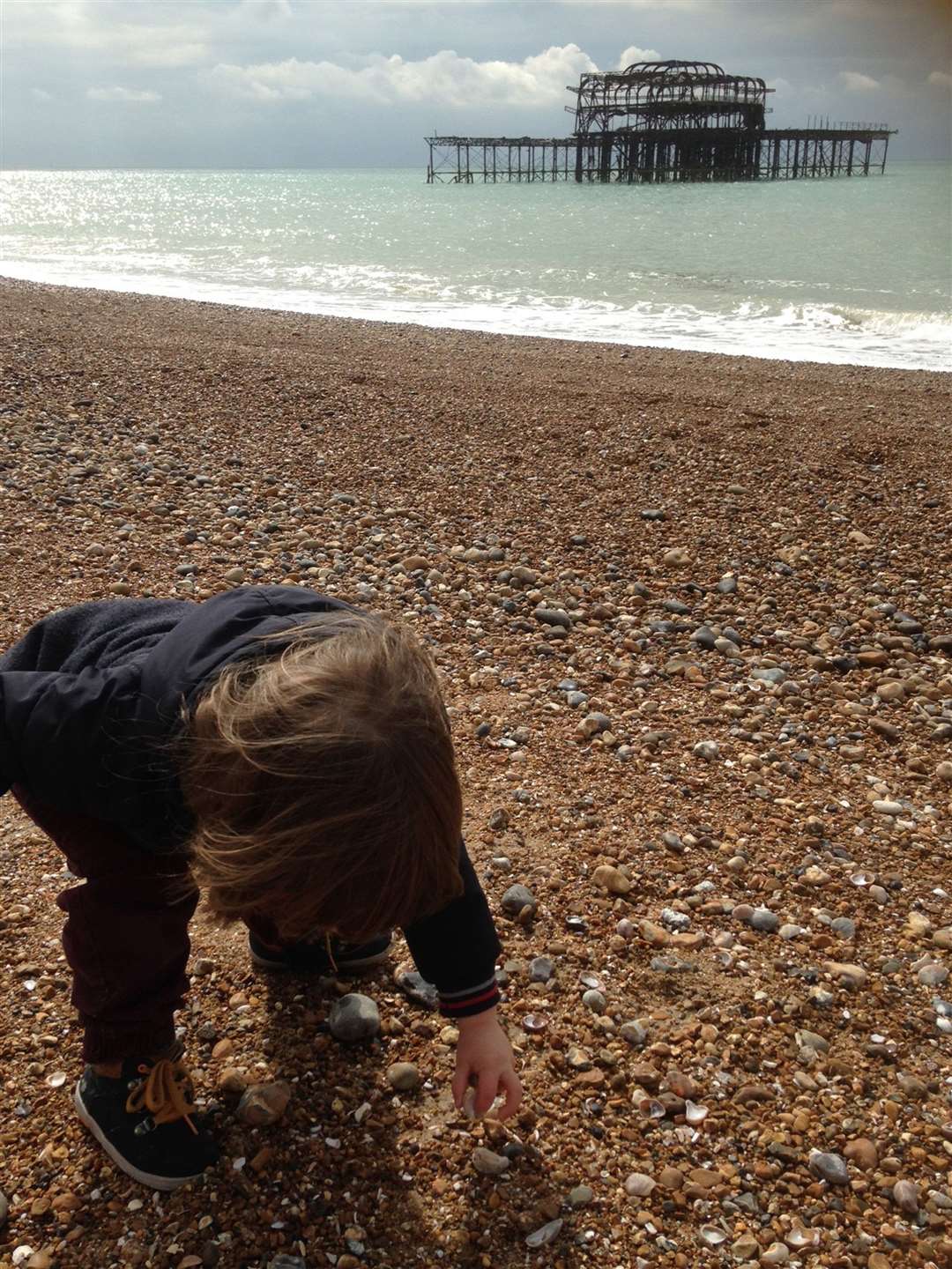 Ollie on the beach with the burned down West Pier in the background