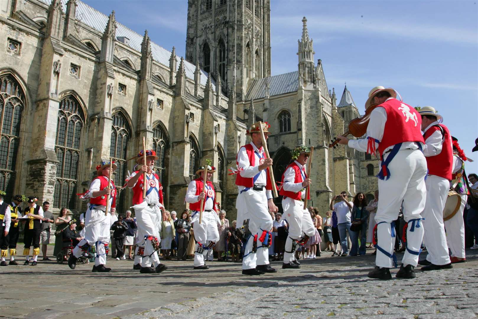 Morris dancers outside Canterbury Cathedral