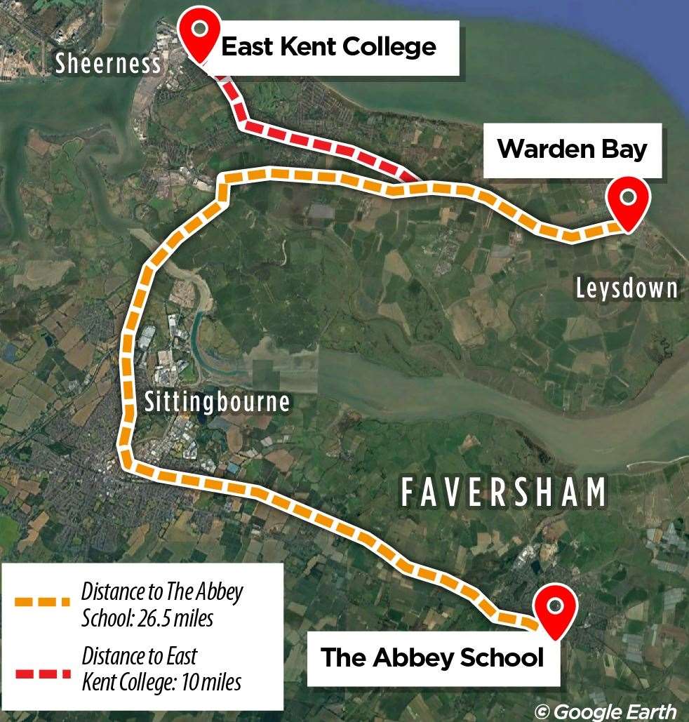 The route from Warden Bay to The Abbey School in Faversham and East Kent College in Sheerness. Picture: KMG